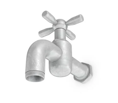 3d rendering of single metal water tap with a cross handle in a low angle view Illustrazione stock