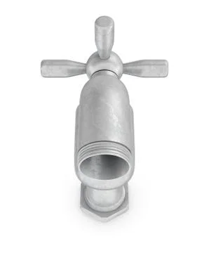 3d rendering of single metal water tap with a cross handle in a low angle view Illustration