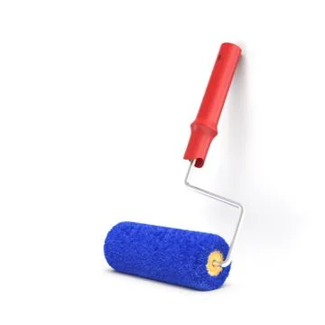 3d rendering of a single paint roller in blue and red color leaning on a white Ilustración de archivo