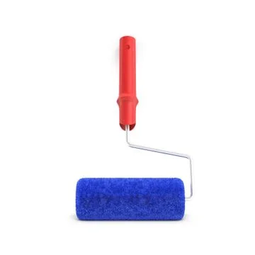3d rendering of a single paint roller in blue and red color leaning on a white Stock Illustration
