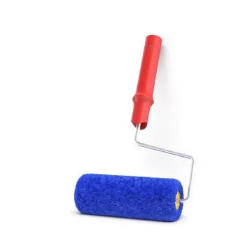 3d rendering of a single paint roller in blue and red color leaning on a white Stock Illustration