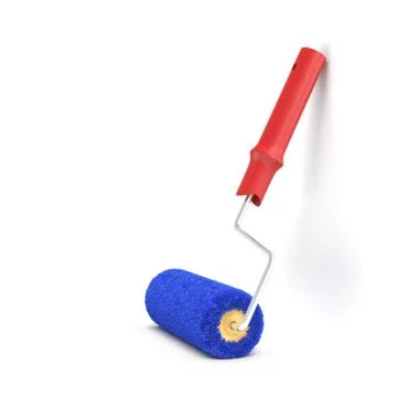 3d rendering of a single paint roller in blue and red color leaning on a white Stock Illustration