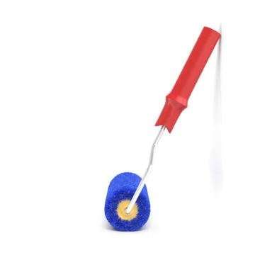 3d rendering of a single paint roller in blue and red color leaning on a white Stock Illustration