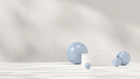 3d rendering single podium mockup template with shadow blue sphere and white wal Illustrazione stock