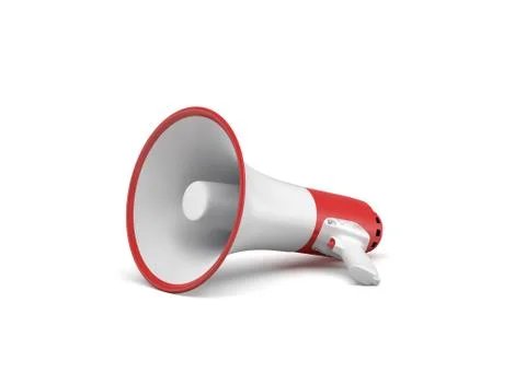 3d rendering of a single red and white megaphone lying in side view on white Stock Illustration