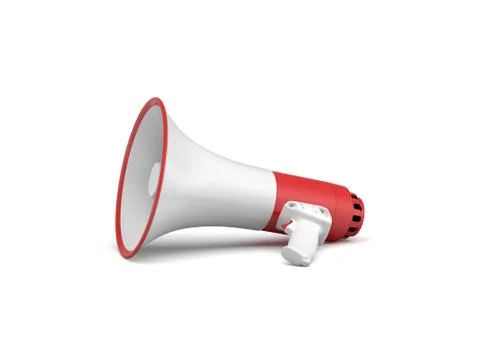3d rendering of a single red and white megaphone lying in side view on white Stock Illustration