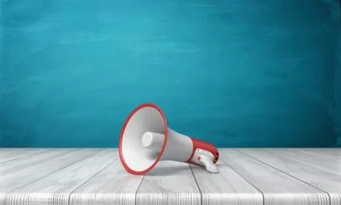 3d rendering of a single red and white megaphone lying down on a wooden desk on Stock Illustration