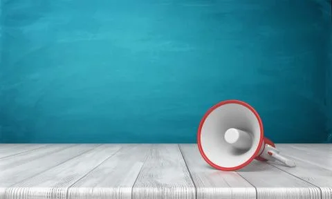 3d rendering of a single red and white megaphone lying down on a wooden desk on イラスト素材