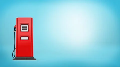 3d rendering of a single red gas pump with a nozzle attached standing on blue Stock Illustration