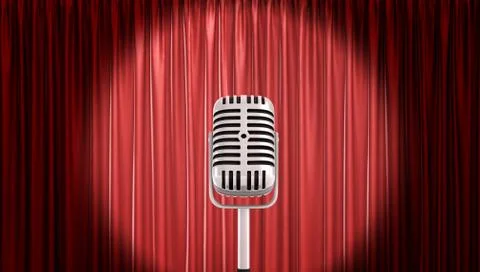 3d rendering of a single retro microphone in front of a red stage curtain in a Illustration