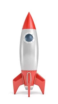 3d rendering of a single silver and red rocket ship with a round porthole Stock Illustration
