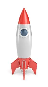3d rendering of a single silver and red rocket ship with a round porthole Stock Illustration
