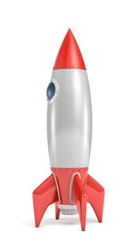 3d rendering of a single silver and red rocket ship with a round porthole Stock-Illustration