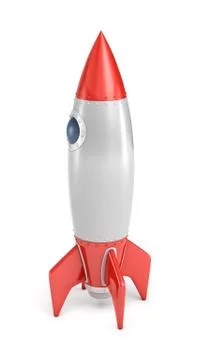 3d rendering of a single silver and red rocket ship with a round porthole Illustration