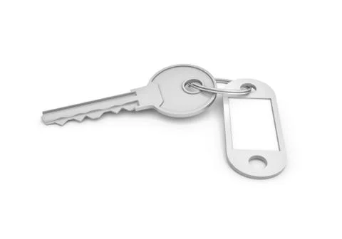 3d rendering of a single silver key with label isolated on white background Illustrazione stock