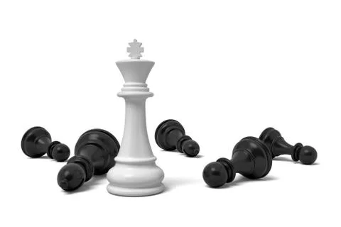 3d rendering of a single standing white chess king piece among many fallen black Ilustración de archivo