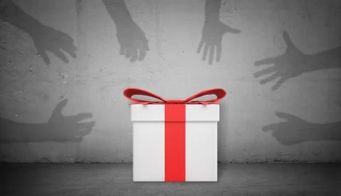 3d rendering of a single white gift box with a red ribbon stands on concrete Stock Illustration