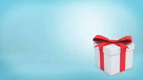 3d rendering of a single white gift box stands with a closed lid and tied with a Stock Illustration
