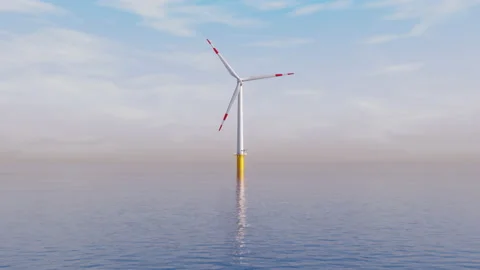 3d rendering of single wind turbine generator located in the open sea. Renewal Stock Footage 165456779