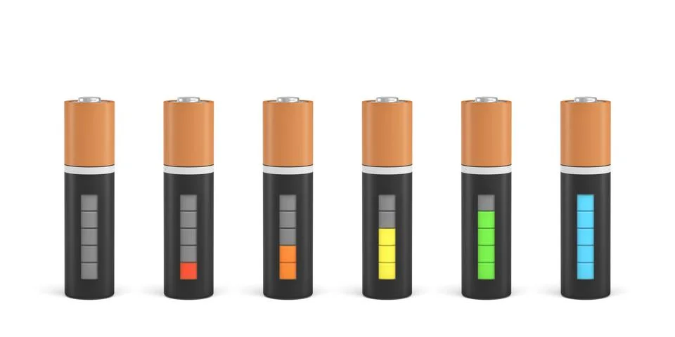 3d rendering of six AA type batteries with charge indicators in different stages Stock Illustration