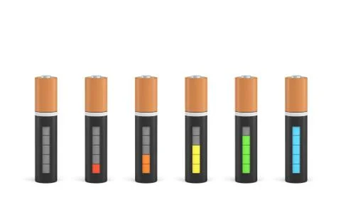 3d rendering of six AAA type batteries with charge indicators in different Stock Illustration
