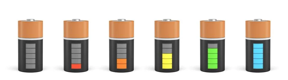3d rendering of six C type batteries with charge indicators in different stages Stock Illustration