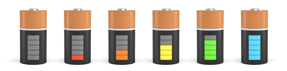 3d rendering of six D type batteries with charge indicators in different stages Stock Illustration