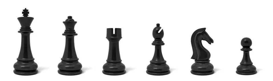 3d rendering of six different chess figurines in white color standing in a row. Stock-Illustration