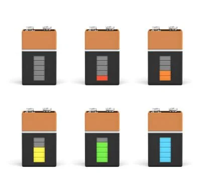 3d rendering of six PP3 type batteries with charge indicators in different Stock Illustration