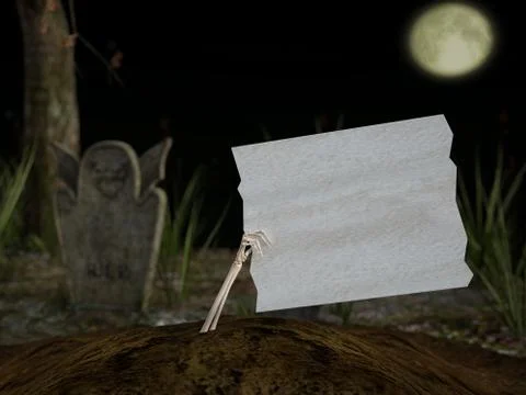 3D rendering of skeleton hand holding blank white sign. Stock Illustration