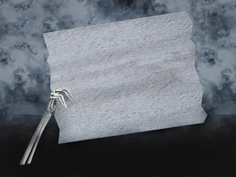 3D rendering of skeleton hand holding blank white sign. Stock Illustration