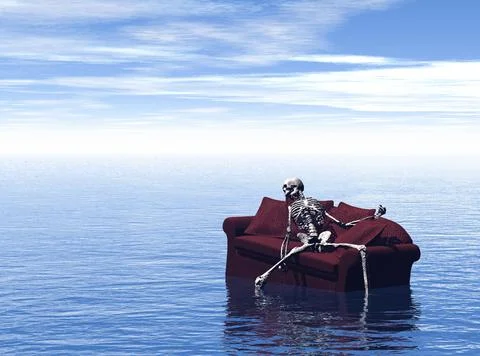 3d rendering of a skeleton lying on a burgundy couch floating in the sea Stockillustratie