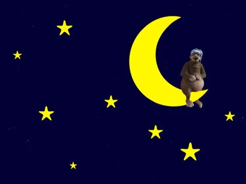 3D rendering of a sleepy cartoon bear sitting on the moon. Stock Illustration