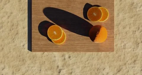 3D rendering slices of orange fruit on the wooden plate with sand background  Stock Illustration