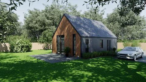 3d rendering of a small barn-style house. Modern house with retractable roof. Иллюстрация