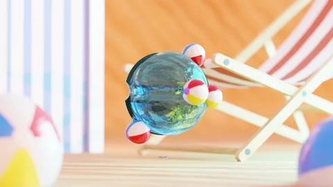3D rendering of small beach balls rolling on water sphere in loop Stock Footage 279155475