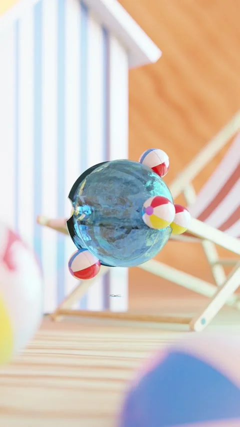 3D rendering of small beach balls rolling on water sphere in loop Stock Footage 283684236