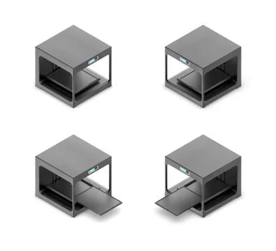 3d rendering of a small black 3d-printer in open and closed state in double Stock-Illustration