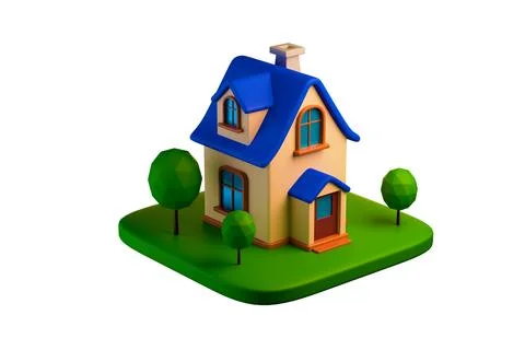 3D rendering of a small blue cartoon house with a garden, home concept Ilustración de archivo