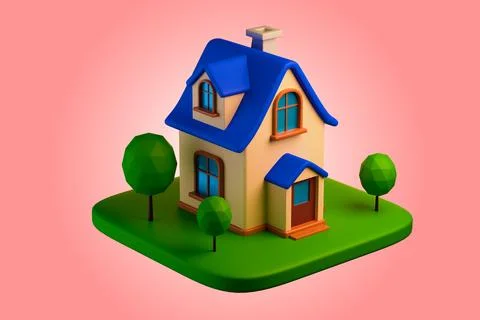 3D rendering of a small blue cartoon house with a garden, real estate concept Ilustración de archivo