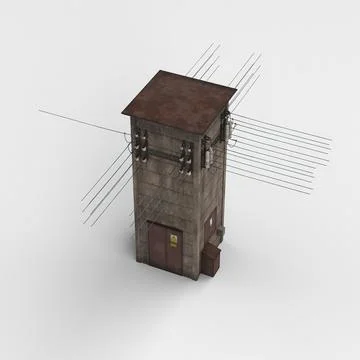 3d rendering of a small brick tower, with an array of electrical wires Stock-Illustration
