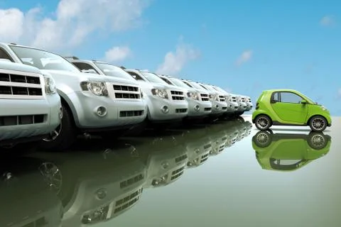 3D rendering of small, eco friendly car in front of a row of large cars Stock Illustration