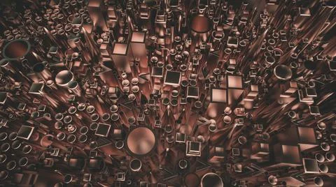 A 3D rendering of small geometrical forms chaotically placed on a golden back Stock Photos