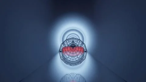 A 3D rendering of a small heart in a small cage with a white circle on the ba Stock Illustration