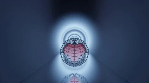 A 3D rendering of a small heart in a small cage with a white circle on the ba Stock Illustration