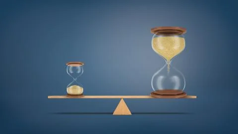 3d rendering of a small hourglass balances on a seesaw against a large hourglass Stock Illustration