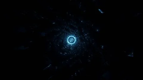 A 3D rendering of a small light blue circle on the center surrounded with bla Illustrazione stock