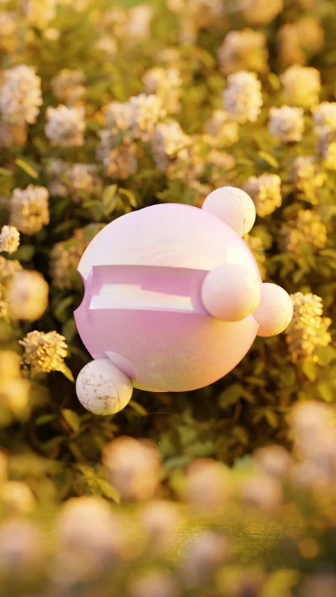 3D rendering of small marble balls rolling on smooth sphere near plants in lo Stock Footage 284655408