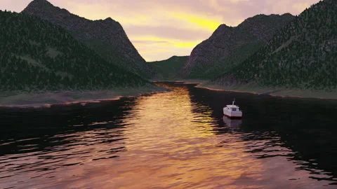 3D rendering of a small motor yacht sailing in the river near big green Video stock 166095083