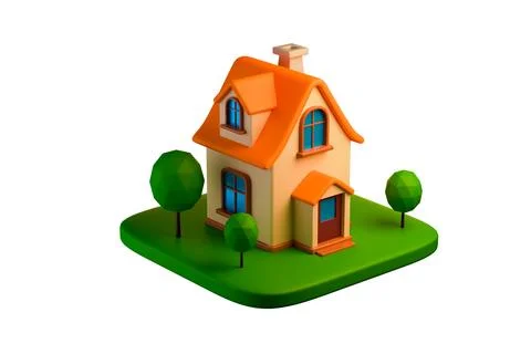 3D rendering of a small orange cartoon house with a garden, property concept Ilustración de archivo